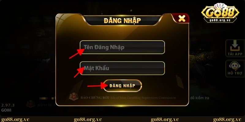 Giao diện đăng nhập vào hệ thống GO 88 đơn giản